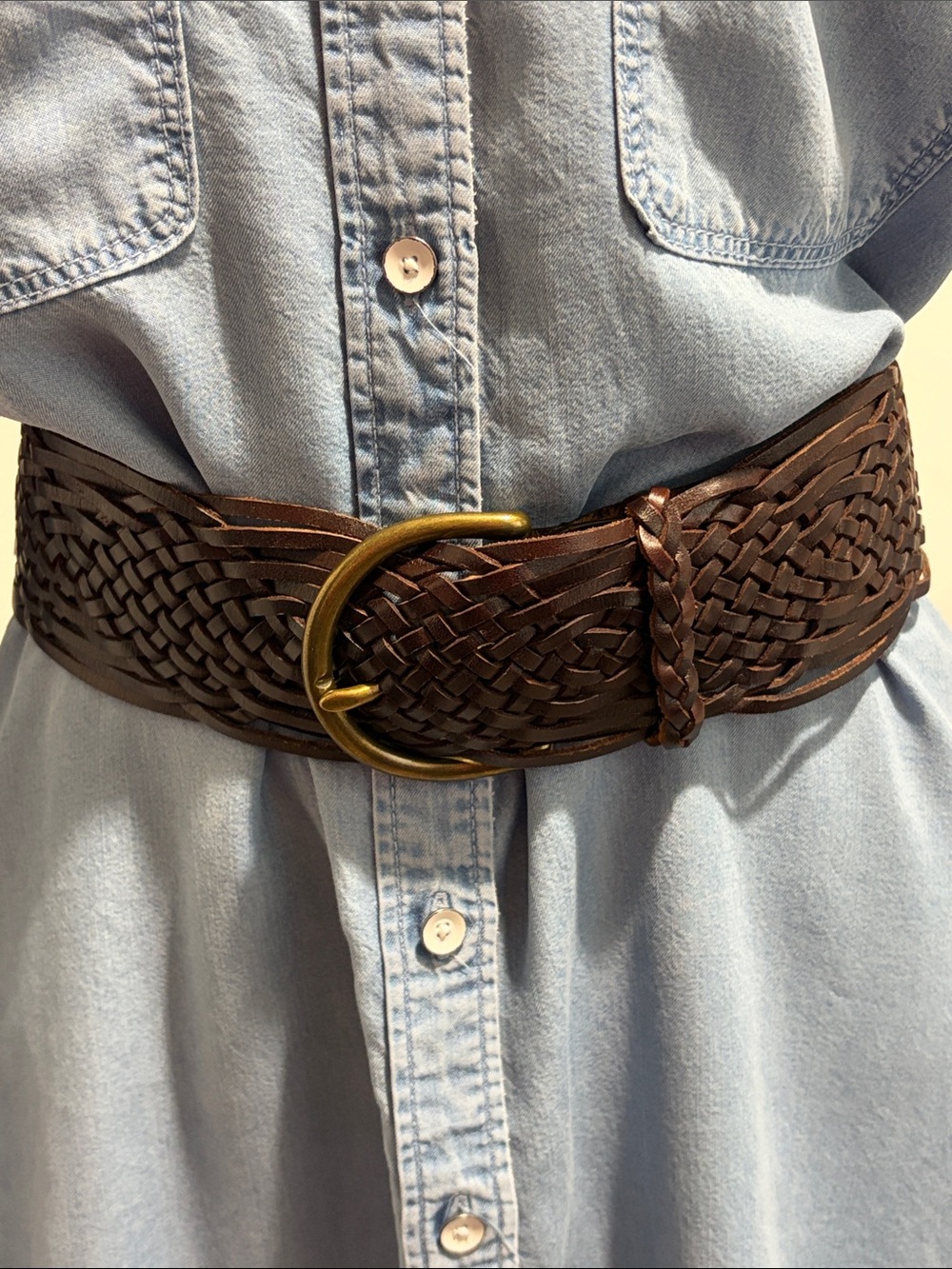 Harold's Wide Braided Leather Belt Brown Brass Woven Boho Women's S - Oversized
